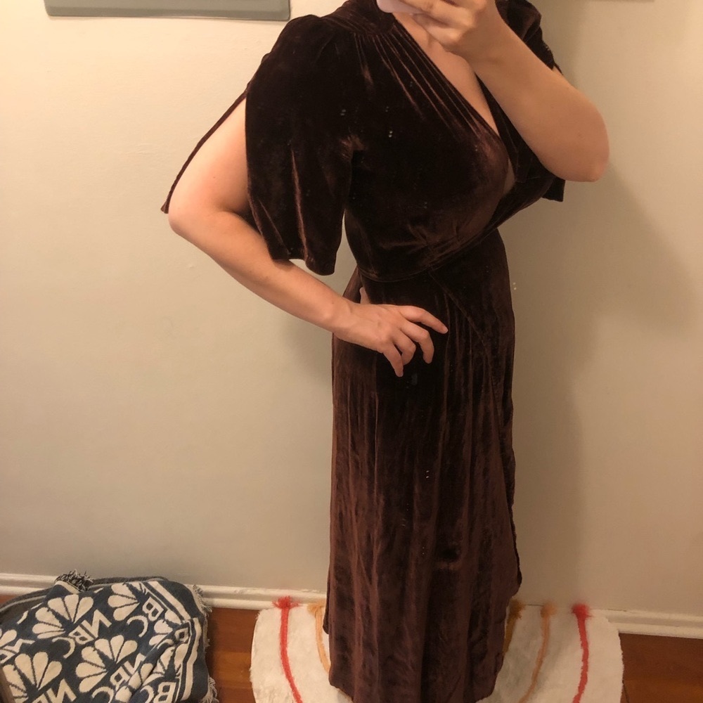 Reformation Chocolate Brown Velvet Wrap Midi Dress